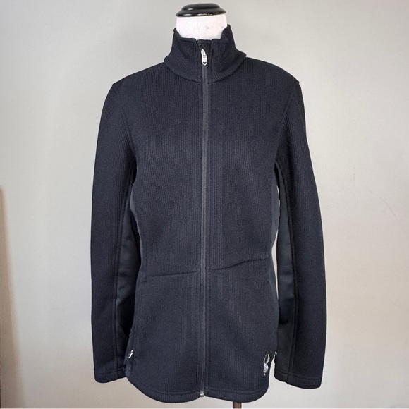 Spyder sz Large Women’s Core Cable Knit Black Sweater Jacket Full Zip Pockets - Picture 1 of 7